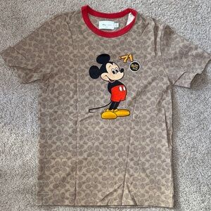 Coach x Disney Brown Logo-Print Mickey Mouse Tee with Red Neck Trim